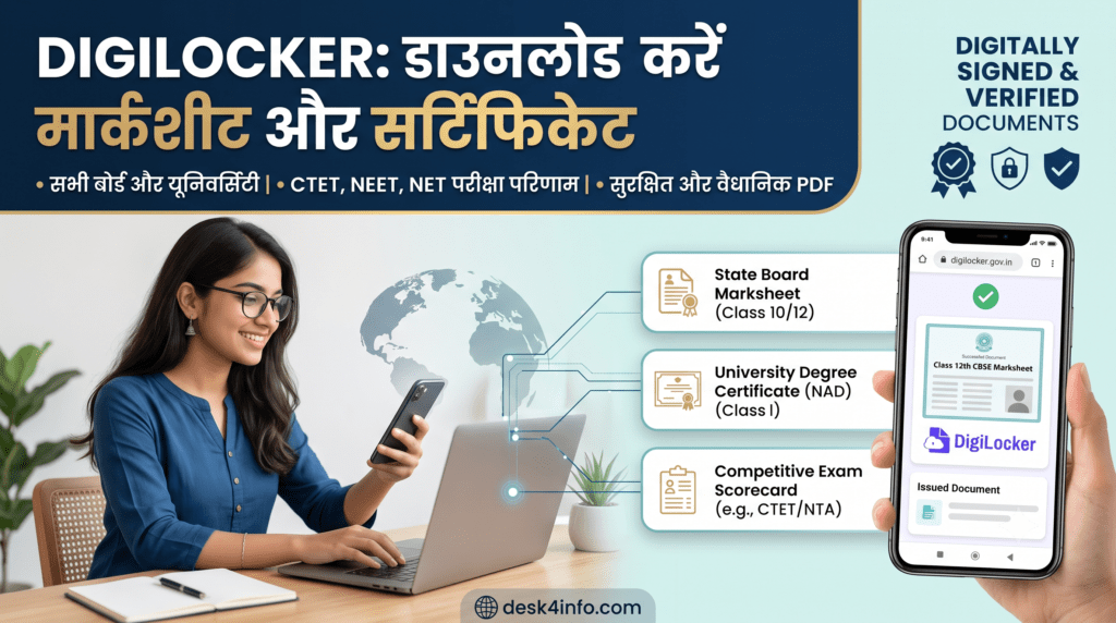 Educational banner for DigiLocker marksheet download with Hindi and English text, illustrating an Indian female student with a laptop and phone connected to digital certificate icons, paired with a mobile screen mockup showing an issued digitally verified marksheet.