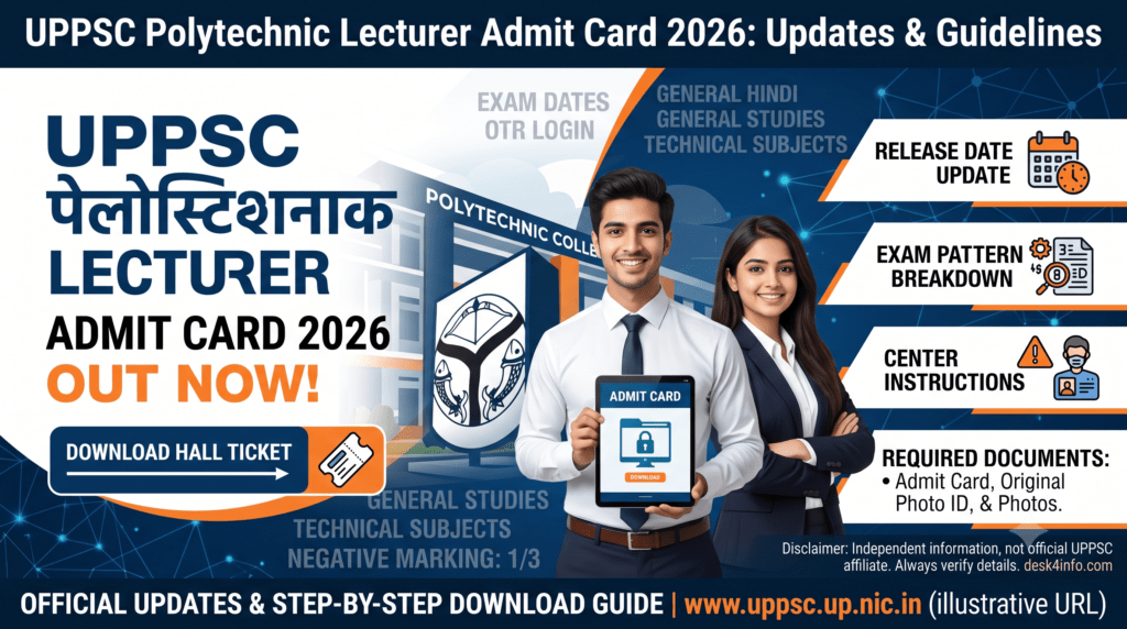 UPPSC Polytechnic Lecturer Admit Card 2026 banner featuring male and female candidates holding a digital hall ticket with exam pattern details, release date updates, and exam center instructions.