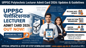 UPPSC Polytechnic Lecturer Admit Card 2026 banner featuring male and female candidates holding a digital hall ticket with exam pattern details, release date updates, and exam center instructions.