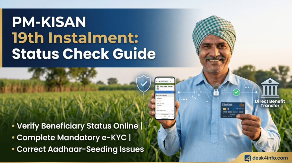 Informational website banner for the PM-KISAN 19th Instalment status check guide, featuring a smiling farmer in a turban holding a mobile phone with the portal screen and a DBT bank card in a lush green agriculture field, alongside bullet points highlighting beneficiary verification, e-KYC completion, and Aadhaar-seeding corrections.
