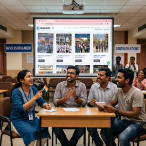 Happy Indian candidates celebrating in a classroom while viewing government exam results and updates on the Desk4Info.com website projected on a large screen.