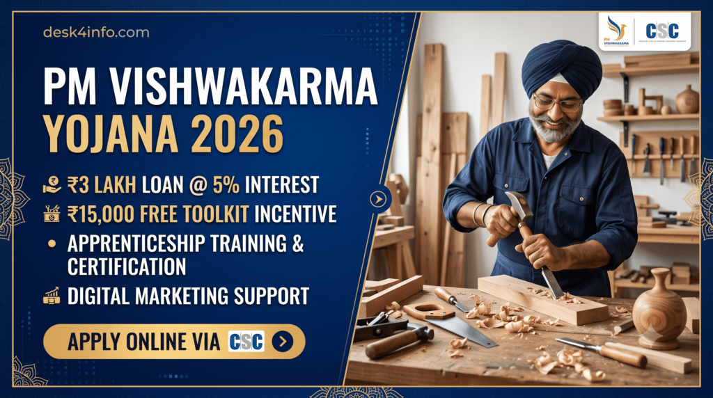 PM Vishwakarma Yojana 2026 scheme overview banner featuring an artisan woodworker in a workshop, highlighting ₹3 Lakh loan at 5% interest, ₹15,000 toolkit incentive, and CSC online application details by desk4info.com.