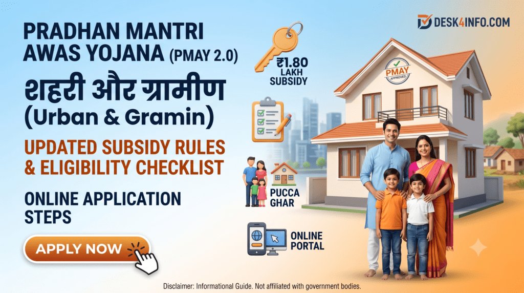 Featured 16:9 banner for Pradhan Mantri Awas Yojana 2.0 showing a happy Indian family standing in front of a newly built pucca house with infographic icons for house subsidy, eligibility checklist, and online application portal.