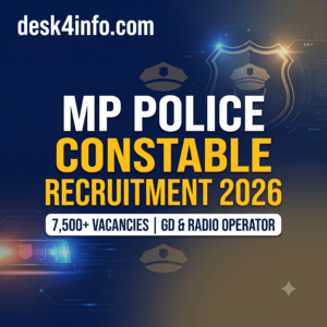 MP Police Constable Recruitment 2026 notification banner for 7,500+ GD and Radio Operator vacancies by desk4info.com