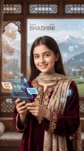 Maroon velvet dress aur embroidered scarf pehne ek Kashmiri mahila apne phone se nikalte hue 'Mighty Bhashini' holographic display par Devanagari aur Telugu scripts mein anuvaad dekh rahi hai, jahan background mein parvat dikh rahe hain.