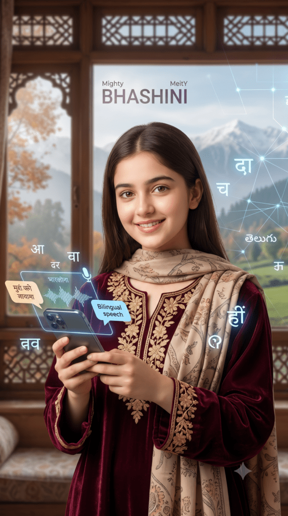 Maroon velvet dress aur embroidered scarf pehne ek Kashmiri mahila apne phone se nikalte hue 'Mighty Bhashini' holographic display par Devanagari aur Telugu scripts mein anuvaad dekh rahi hai, jahan background mein parvat dikh rahe hain.
