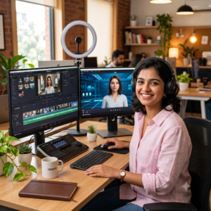 A young Indian female creator sitting at her workstation in a modern office, using AI video editing and script-to-video tools.