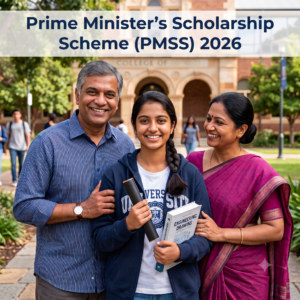 Prime Minister's Scholarship Scheme (PMSS) 2026 eligibility and application guide featuring an Indian college student girl with her parents on university campus.