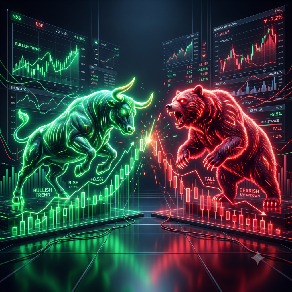 3D Bull vs Bear stock market trend illustration showing glowing green breakout and red breakdown candlestick charts for NSE daily top high and low shares