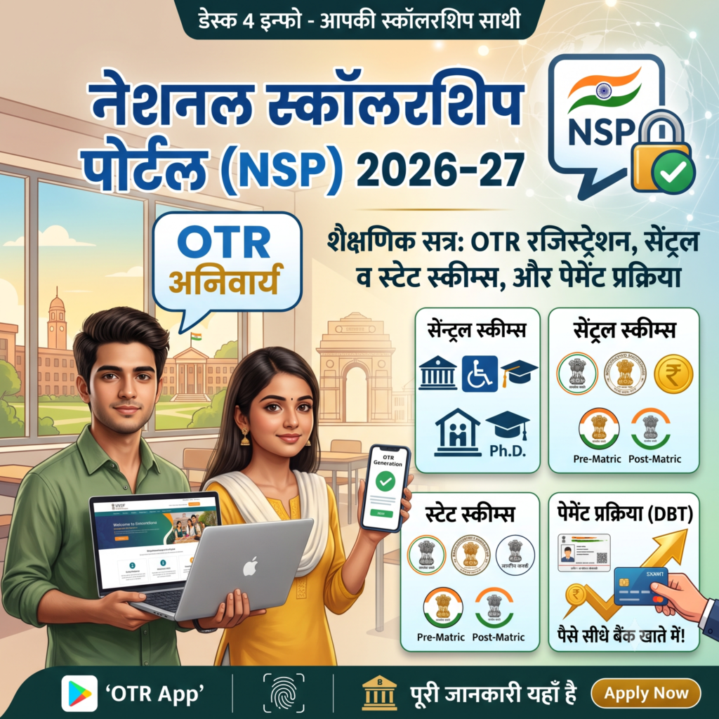 एक व्यापक हिंदी इंफोग्राफिक बैनर, जो नेशनल स्कॉलरशिप पोर्टल (NSP) 2026-27 के बारे में जानकारी देता है। इमेज में दो मुस्कुराते हुए भारतीय छात्र (एक लड़का और एक लड़की) दिखाए गए हैं। लड़का एक लैपटॉप पकड़े हुए है जिसमें NSP वेबसाइट का होमपेज खुला है, और लड़की एक स्मार्टफोन पकड़े हुए है जिसमें 'OTR Generation' का सफल स्क्रीनशॉट है। पृष्ठभूमि में एक क्लासरूम और बाहर एक विश्वविद्यालय कैंपस का दृश्य है। इमेज के शीर्ष पर हिंदी टेक्स्ट है: "डेस्क 4 इन्फो - आपकी स्कॉलरशिप साथी" और मुख्य शीर्षक है: "नेशनल स्कॉलरशिप पोर्टल (NSP) 2026-27"। छात्रों के ऊपर एक प्रमुख ब्लू स्पीच बबल में लिखा है: "OTR अनिवार्य"। दाईं ओर चार विस्तृत जानकारी कार्ड हैं: (1) सेंट्रल स्कीम्स (आइकन: विश्वविद्यालय, दिव्यांग, प्री/पोस्ट-मैट्रिक, Ph.D.), (2) सेंट्रल स्कीम्स (आइकन: सरकारी लोगो, रुपया चिह्न), (3) स्टेट स्कीम्स (आइकन: विभिन्न राज्य लोगो, प्री/पोस्ट-मैट्रिक), और (4) पेमेंट प्रक्रिया (DBT) (आइकन: आधार कार्ड, स्मार्ट कार्ड, पैसे ट्रांसफर, टेक्स्ट "पैसे सीधे बैंक खाते में!")। शीर्ष दाईं ओर NSP लोगो के साथ एक लॉक और हरा टिक मार्क है। नीचे एक डार्क बैनर है जिसमें ऐप डाउनलोड और अन्य आइकन हैं: "‘OTR App’", बायोमेट्रिक, बैंक आइकन, टेक्स्ट "पूरी जानकारी यहाँ है", और एक "Apply Now" बटन। सभी टेक्स्ट हिंदी में स्पष्ट और सुपाठ्य हैं।