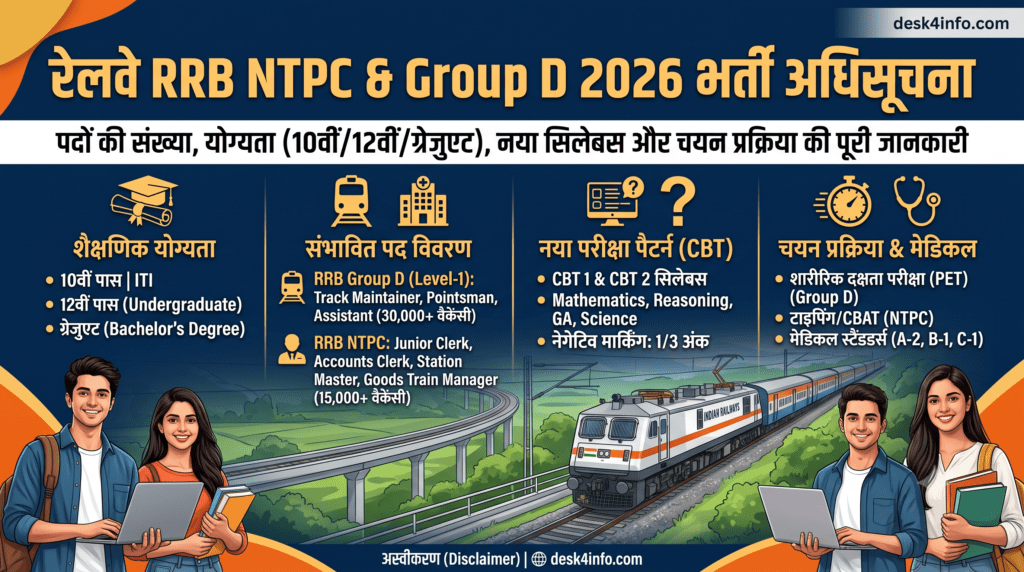 Railway RRB NTPC और Group D 2026 भर्ती अधिसूचना का सूचनात्मक बैनर जिसमें 10वीं, 12वीं और ग्रेजुएट योग्यता, पद विवरण, CBT सिलेबस और चयन प्रक्रिया की जानकारी दी गई है - desk4info.com