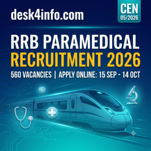 RRB Paramedical Recruitment 2026 notification banner on desk4info.com featuring 560 vacancies, application dates from 15 Sep to 14 Oct, a modern high-speed train, and glowing medical icons.