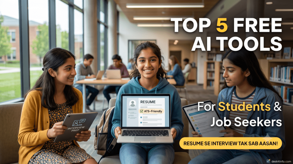 Ek library ka drishya jahan teen ladkiyan AI tools ka upyog kar rahi hain. Beech wali ladki ek laptop par 'RESUME (ATS-Friendly)' dikha rahi hai, jabki baaki do tablets par 'INTERVIEW PREP' aur 'STUDY RESOURCES' padh rahi hain.