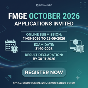 FMGE October 2026 notification banner showing online submission from 11-09-2026 to 25-09-2026, exam date 31-10-2026, and result date by 30-11-2026