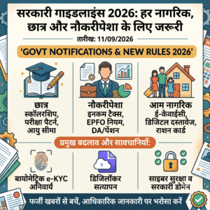 सरकारी गाइडलाइंस 2026: हर नागरिक, छात्र और नौकरीपेशा के लिए जरूरी सरकारी नियमों और डिजिटल बदलावों (ई-केवाईसी, डिजिलॉकर, साइबर सुरक्षा) की सचित्र जानकारी।
