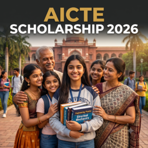 AICTE Scholarship 2026 Pragati Saksham and Swanath scheme featuring an Indian engineering college girl holding textbooks with her supportive family on campus.