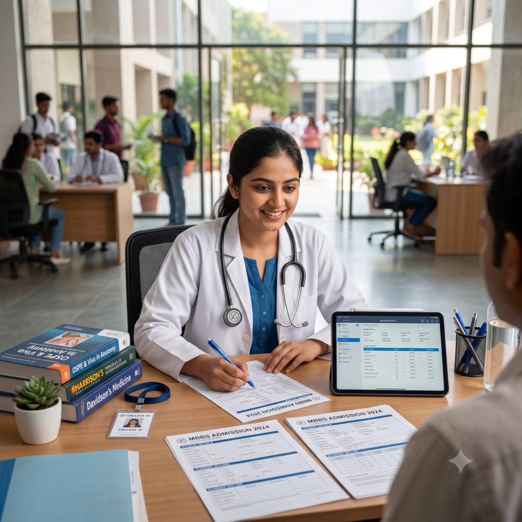A young Indian female doctor in a white coat with a stethoscope sitting at a desk reviewing admission documents and a tablet in a modern medical college hall.