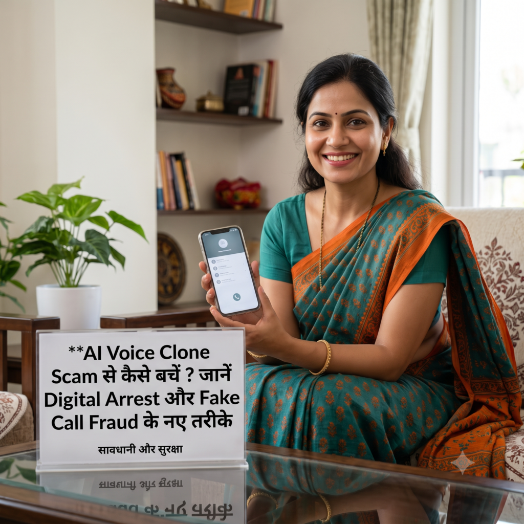 A smiling Indian woman in a traditional green saree sitting in a living room, holding up a smartphone showing an incoming call screen, with a digital awareness display board on the table titled 'AI Voice Clone Scam: Digital Arrest and Fake Call Fraud'.