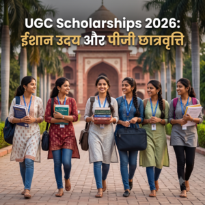 UGC Scholarships 2026 ईशान उदय और पीजी छात्रवृत्ति गाइड - विश्वविद्यालय परिसर में अध्ययन सामग्री के साथ भारतीय छात्राओं का समूह।