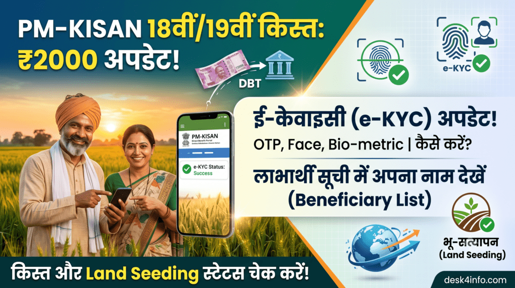 PM Kisan 18th & 19th Installment status, e-KYC update, Land Seeding aur Beneficiary List check process banner desk4info