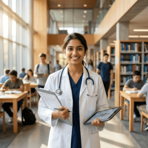 Smiling medical student in white coat holding study materials in library