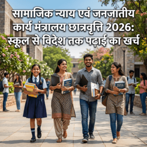 सामाजिक न्याय एवं जनजातीय कार्य मंत्रालय छात्रवृत्ति 2026: स्कूल से विदेश तक पढ़ाई का खर्च; चार विद्यार्थी किताबें लेकर परिसर में चलते हुए