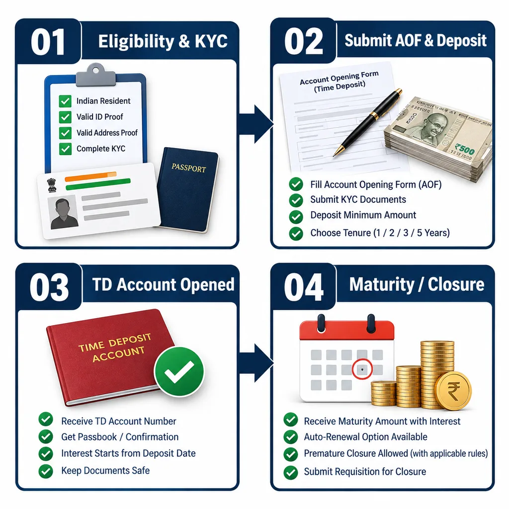 Post Office Time Deposit account opening and maturity process flowchart